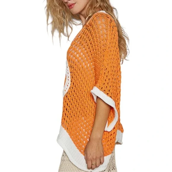 POL Dreamsicle Open Weave Crochet Peace Sign Sweater Size Small - Picture 5 of 14